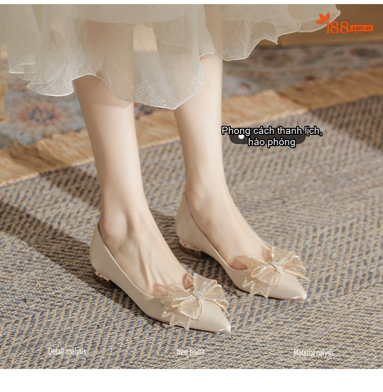 Giày Búp Bê Nữ Da Bóng Đính Nơ Chiều Cao Đế Khoảng 3cm Màu Kem chi tiết 5