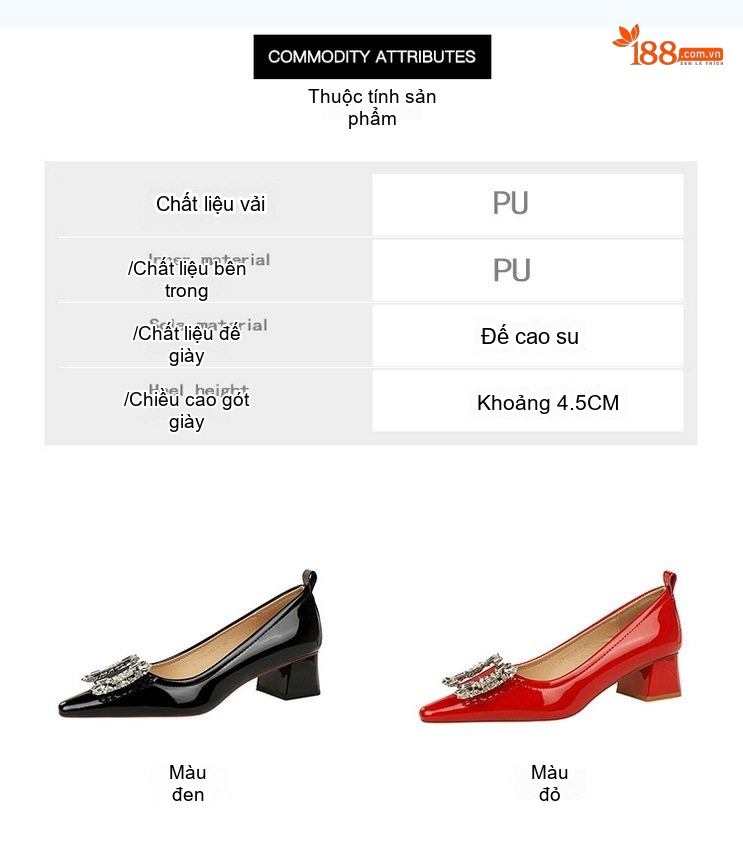 Giày Búp Bê Nữ Da Bóng Gót Vuông Chiều Cao Đế Khoảng 3cm Mũi Vuông Đính Đá Màu Đen, Đỏ chi tiết 2