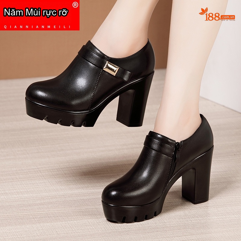 Giày Búp Bê Nữ Da Bóng Gót Vuông Đế Dày Chiều Cao Đế Khoảng 7cm Màu Đen