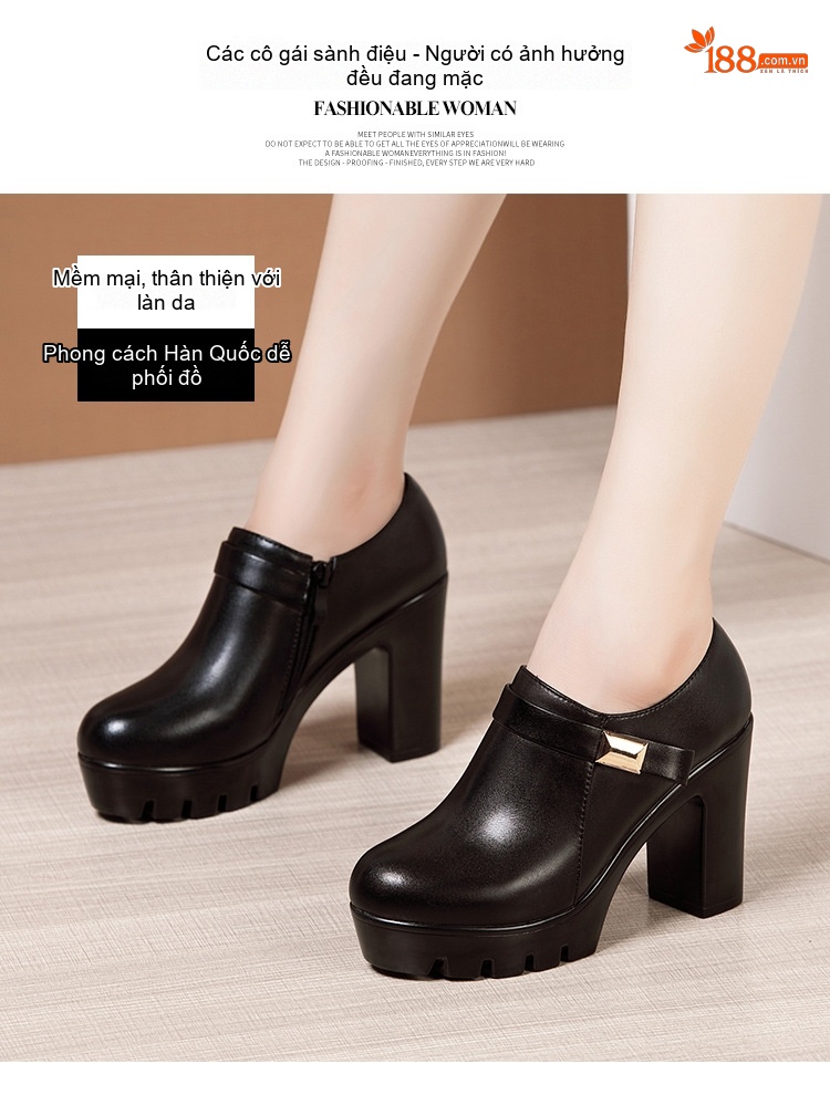 Giày Búp Bê Nữ Da Bóng Gót Vuông Đế Dày Chiều Cao Đế Khoảng 7cm Màu Đen chi tiết 3