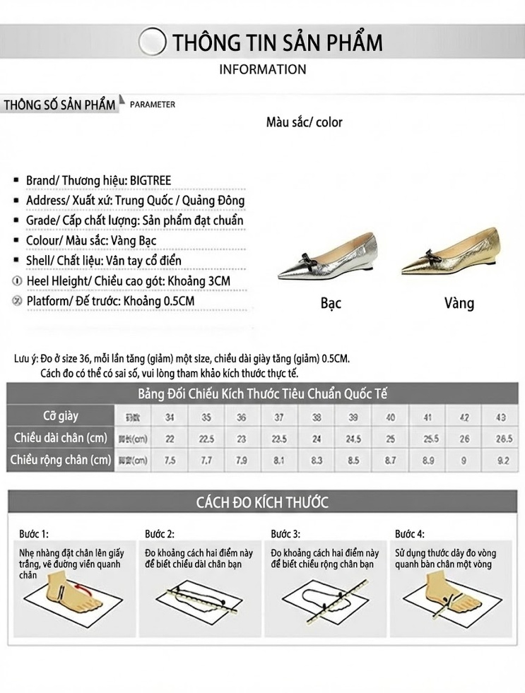 Giày Búp Bê Nữ Da Bóng Gót Xuồng Chiều Cao Đế Khoảng 3cm Mũi Nhọn Đính Nơ Màu Vàng, Bạc chi tiết 1