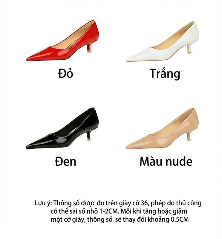 Giày Búp Bê Nữ Da Bóng Mũi Nhọn Chiều Cao Đế Khoảng 3cm Màu Đen, Đỏ, Kem, Trắng chi tiết 3