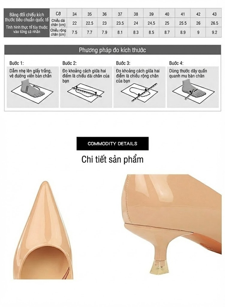 Giày Búp Bê Nữ Da Bóng Mũi Nhọn Chiều Cao Đế Khoảng 3cm Màu Đen, Đỏ, Kem, Trắng chi tiết 4