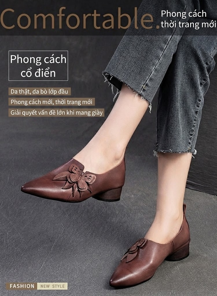 Giày Búp Bê Nữ Da Bóng Mũi Nhọn Chiều Cao Đế Khoảng 3cm Màu Nâu, Xám chi tiết 2