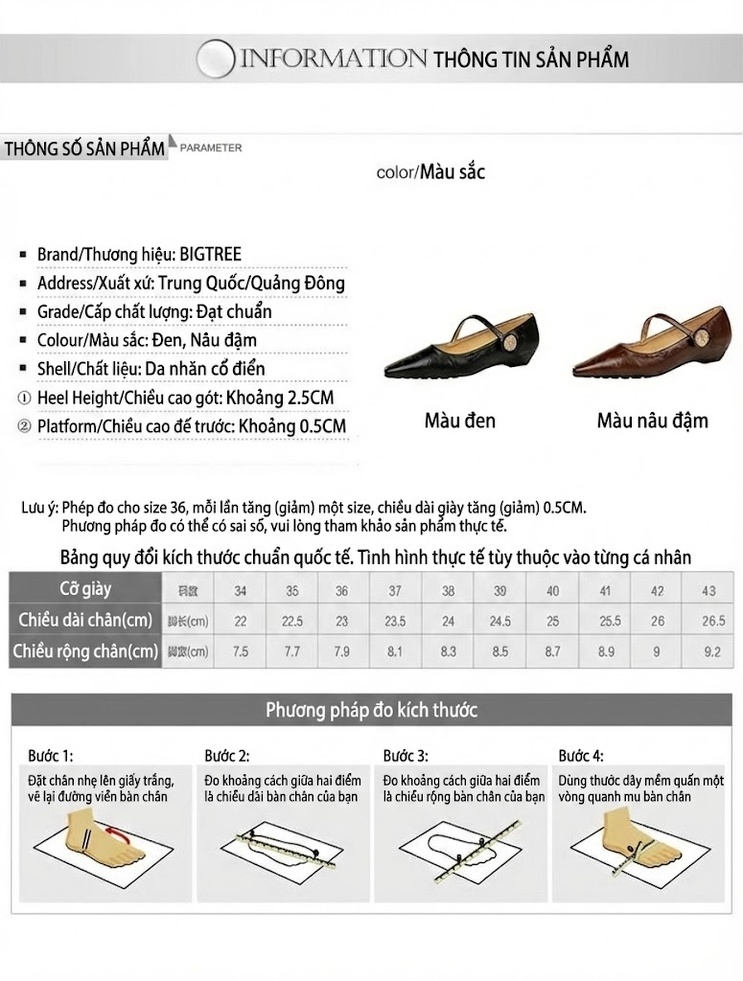 Giày Búp Bê Nữ Da Bóng Mũi Nhọn Gót Xuồng Quai Ngang Chiều Cao Đế Khoảng 3cm Màu Đen, Nâu chi tiết 1
