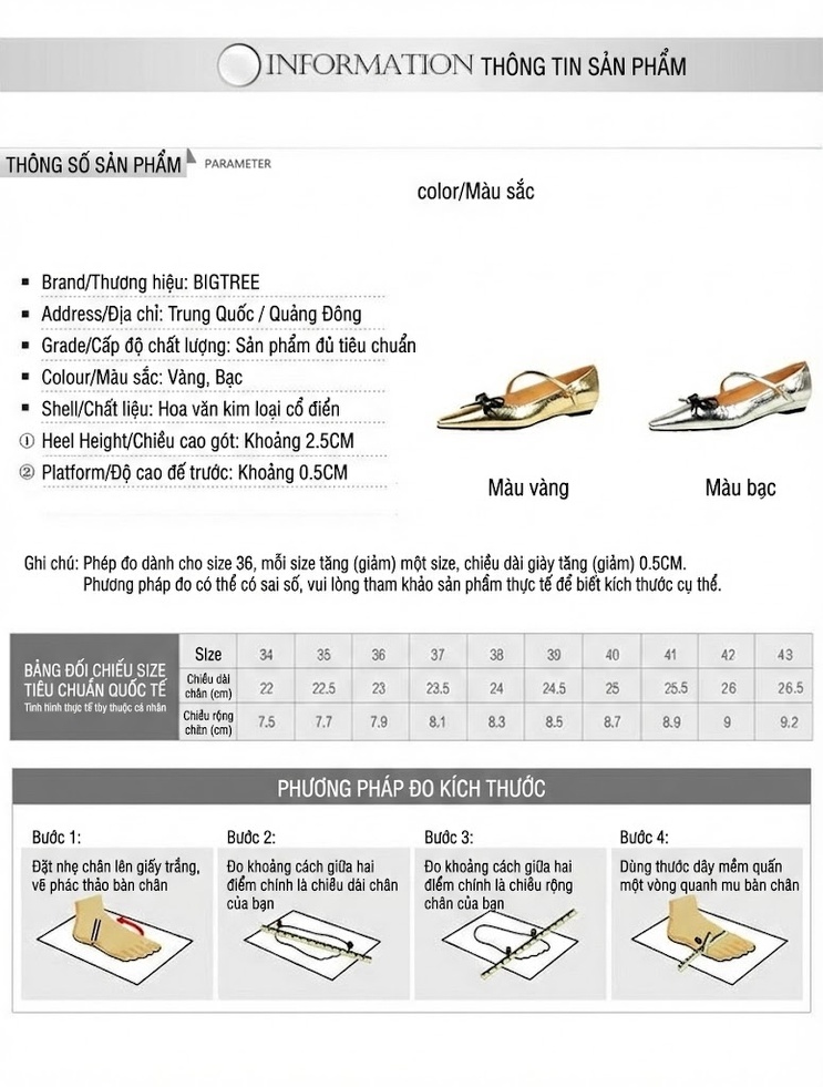 Giày Búp Bê Nữ Da Bóng Mũi Nhọn Quai Ngang Chiều Cao Đế Khoảng 2cm Màu Vàng, Bạc chi tiết 1