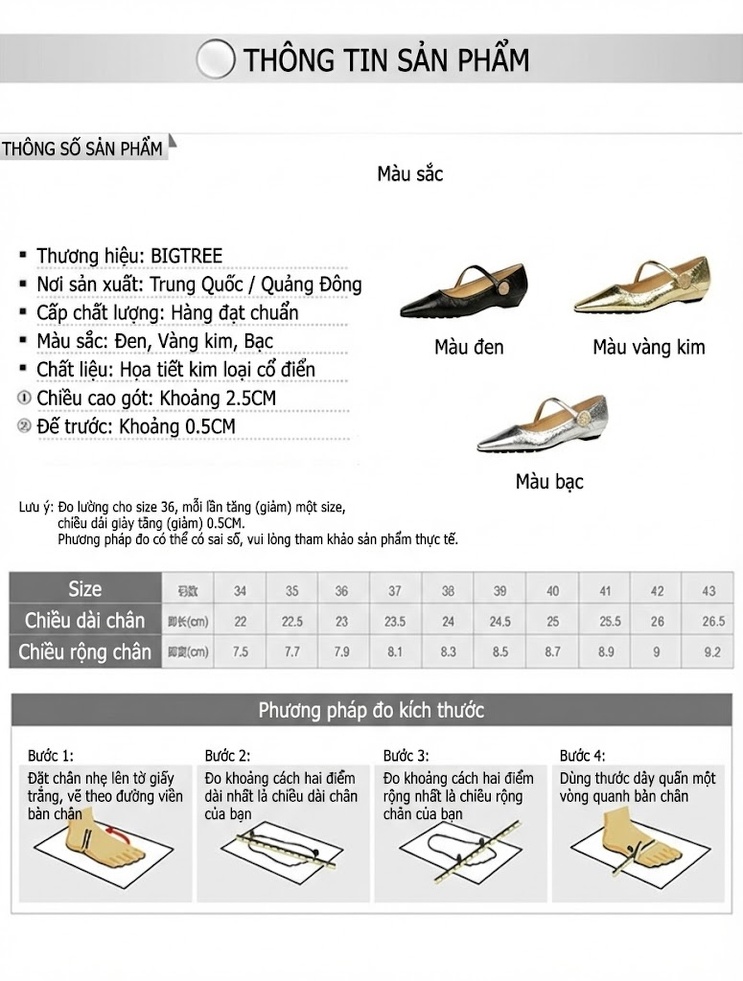Giày Búp Bê Nữ Da Bóng Mũi Nhọn Quai Ngang Chiều Cao Đế Khoảng 3cm Màu Đen, Vàng, Bạc chi tiết 1