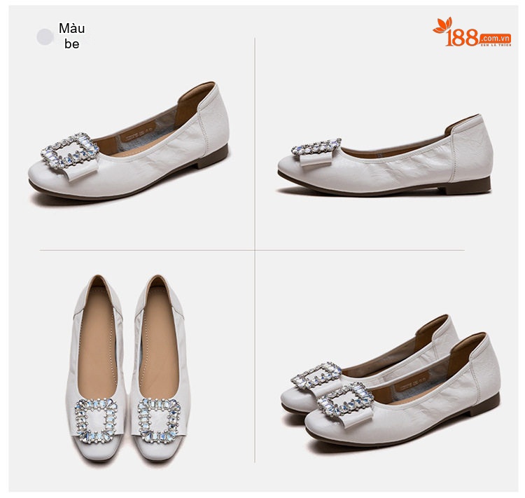 Giày Búp Bê Nữ Da Bóng Mũi Vuông Chiều Cao Đế Khoảng 1cm Màu Trắng, Bạc chi tiết 17