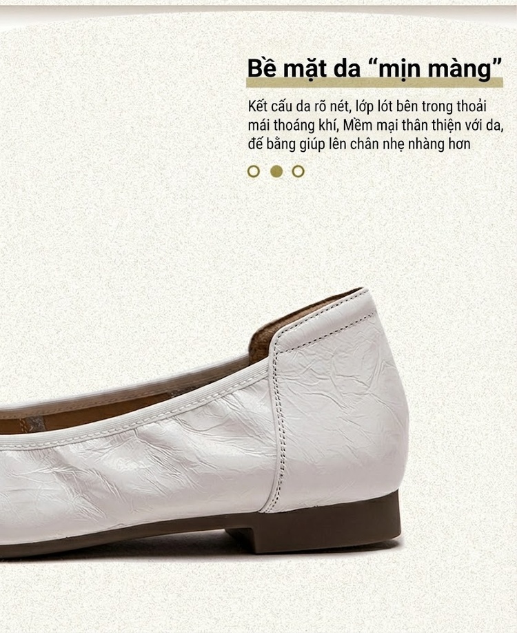 Giày Búp Bê Nữ Da Bóng Mũi Vuông Chiều Cao Đế Khoảng 1cm Màu Trắng, Bạc chi tiết 3
