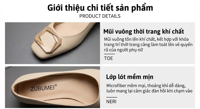 Giày Búp Bê Nữ Da Bóng Mũi Vuông Gót Vuông Chiều Cao Đế Khoảng 3cm Màu Đen, Kem, Nude chi tiết 3