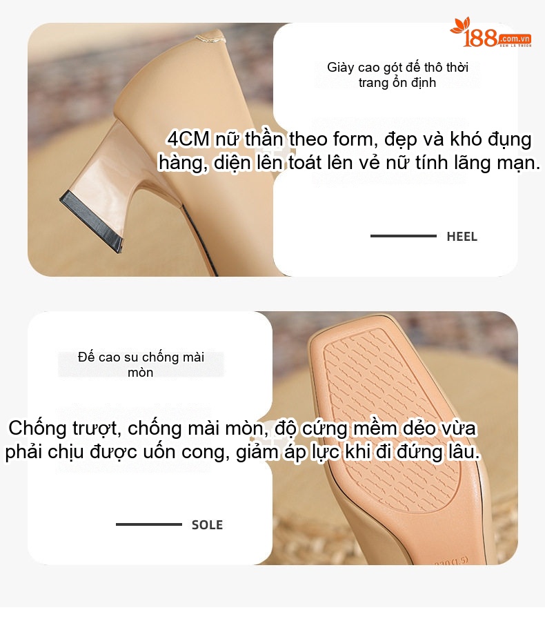Giày Búp Bê Nữ Da Bóng Mũi Vuông Gót Vuông Chiều Cao Đế Khoảng 3cm Màu Đen, Kem, Nude chi tiết 4