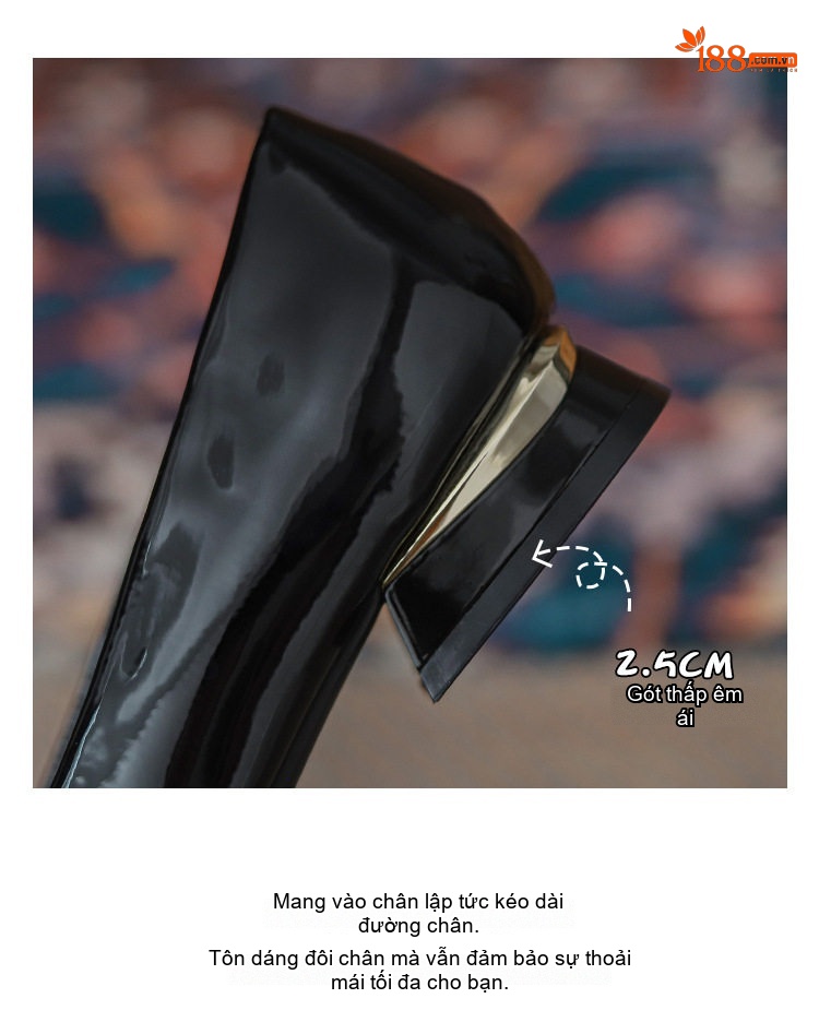 Giày Búp Bê Nữ Da Bóng Mũi Vuông Gót Vuông Chiều Cao Đế Khoảng 3cm Màu Đen, Trắng, Hồng chi tiết 6