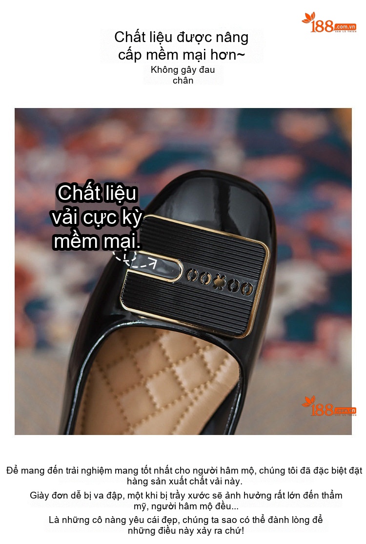 Giày Búp Bê Nữ Da Bóng Mũi Vuông Gót Vuông Chiều Cao Đế Khoảng 3cm Màu Đen, Trắng, Hồng chi tiết 4