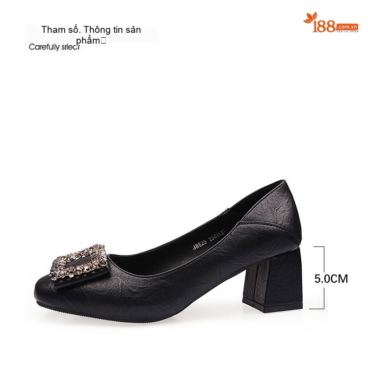 Giày Búp Bê Nữ Da Bóng Mũi Vuông Gót Vuông Đính Đá Chiều Cao Đế Khoảng 4cm Màu Đen, Kem chi tiết 2