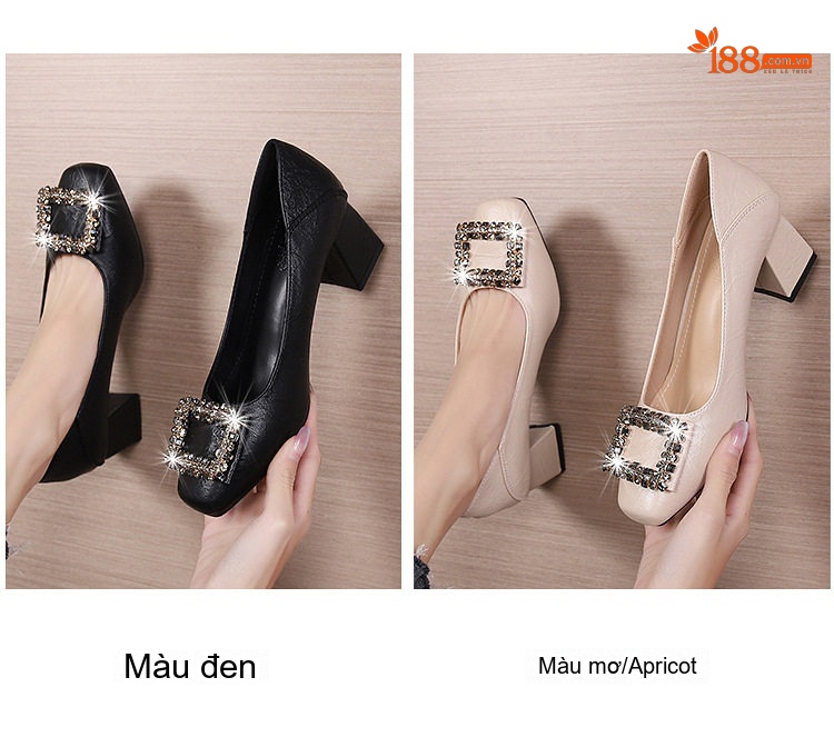 Giày Búp Bê Nữ Da Bóng Mũi Vuông Gót Vuông Đính Đá Chiều Cao Đế Khoảng 4cm Màu Đen, Kem chi tiết 6