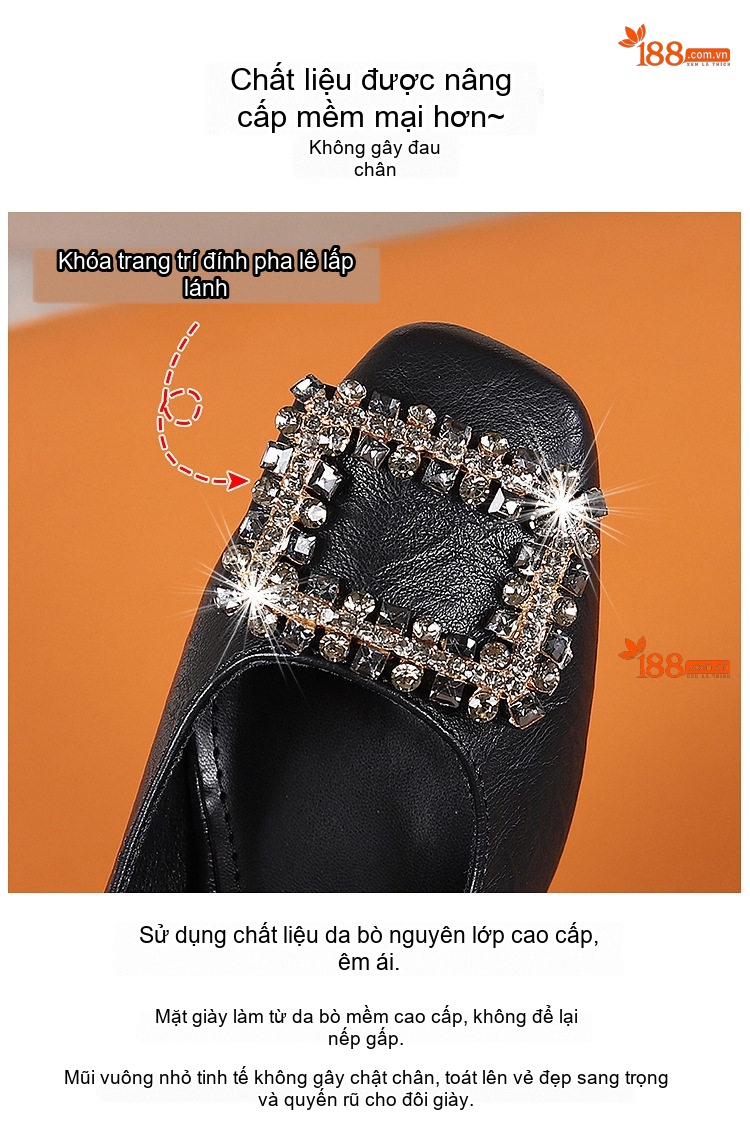 Giày Búp Bê Nữ Da Bóng Mũi Vuông Gót Vuông Đính Đá Chiều Cao Đế Khoảng 4cm Màu Đen, Kem chi tiết 7