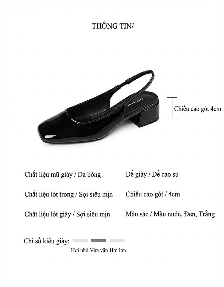 Giày Búp Bê Nữ Da Bóng Mũi Vuông Gót Vuông Hở Gót Chiều Cao Đế Khoảng 3cm Màu Đen, Trắng, Kem chi tiết 2