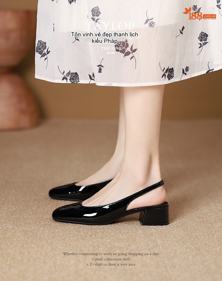 Giày Búp Bê Nữ Da Bóng Mũi Vuông Gót Vuông Hở Gót Chiều Cao Đế Khoảng 3cm Màu Đen, Trắng, Kem chi tiết 3