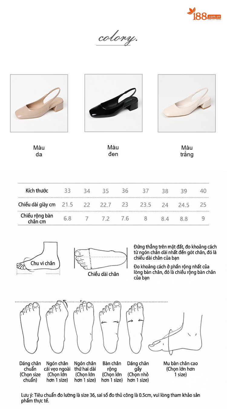 Giày Búp Bê Nữ Da Bóng Mũi Vuông Gót Vuông Hở Gót Chiều Cao Đế Khoảng 3cm Màu Đen, Trắng, Kem chi tiết 4