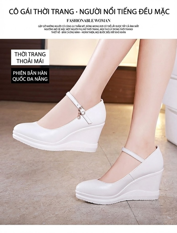 Giày Búp Bê Nữ Da Bóng Quai Ngang Chiều Cao Đế Khoảng 5cm Màu Đen, Đỏ, Trắng chi tiết 3