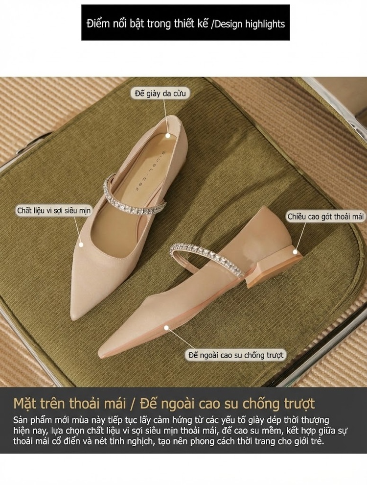 Giày Búp Bê Nữ Da Cừu Mũi Nhọn Đính Đá Chiều Cao Đế Khoảng 2cm Màu Đen, Kem chi tiết 4