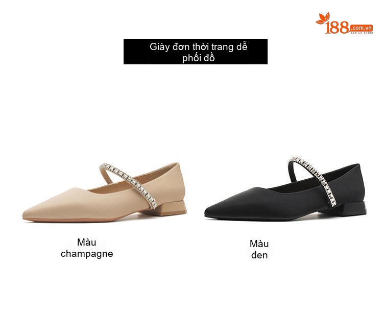 Giày Búp Bê Nữ Da Cừu Mũi Nhọn Đính Đá Chiều Cao Đế Khoảng 2cm Màu Đen, Kem chi tiết 7
