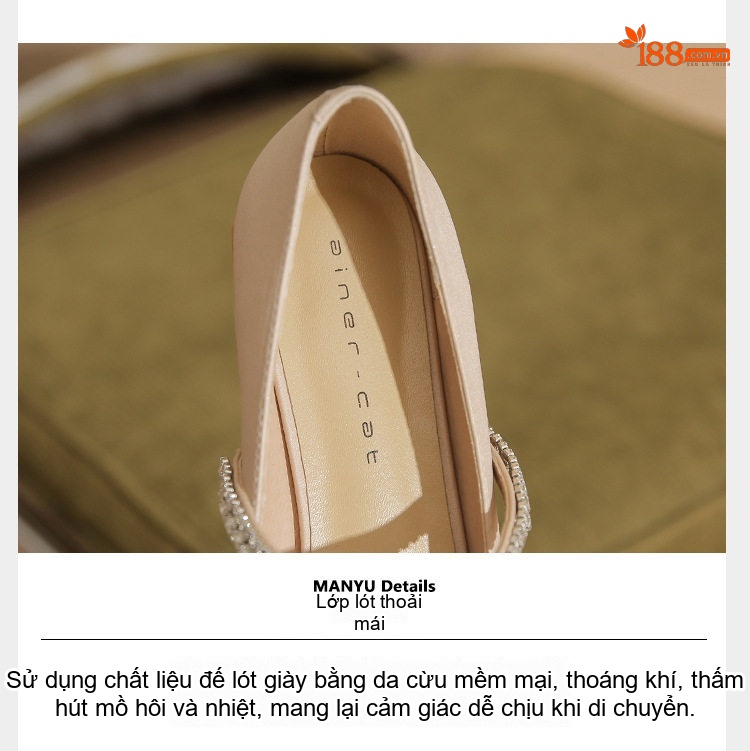 Giày Búp Bê Nữ Da Cừu Mũi Nhọn Đính Đá Chiều Cao Đế Khoảng 2cm Màu Đen, Kem chi tiết 9