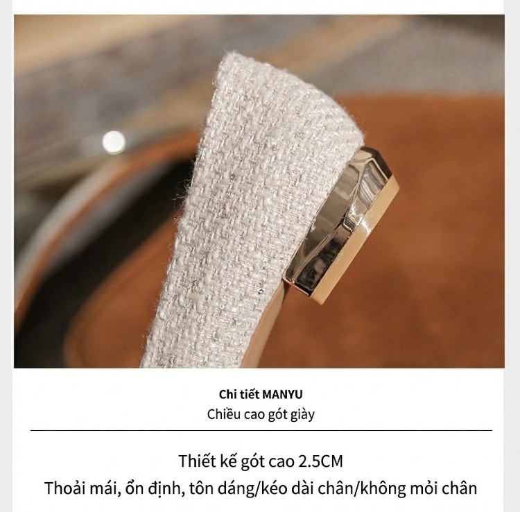 Giày Búp Bê Nữ Da Cừu Mũi Nhọn Gót Vuông Chiều Cao Đế Khoảng 2cm Màu Be, Đen chi tiết 8