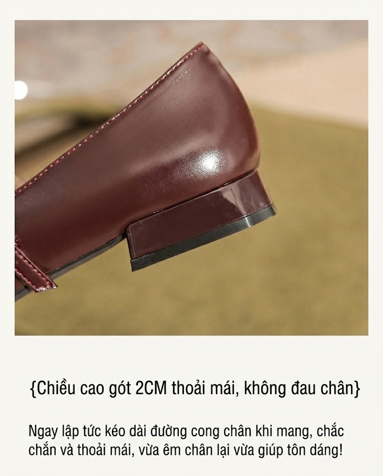 Giày Búp Bê Nữ Da Cừu Mũi Nhọn Quai Mary Jane Chiều Cao Đế Khoảng 2cm Màu Đen, Nâu Đỏ chi tiết 6