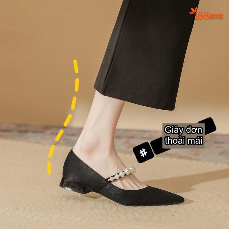 Giày Búp Bê Nữ Da Cừu Mũi Nhọn Quai Ngang Đính Ngọc Chiều Cao Đế Khoảng 3cm Màu Trắng, Đen