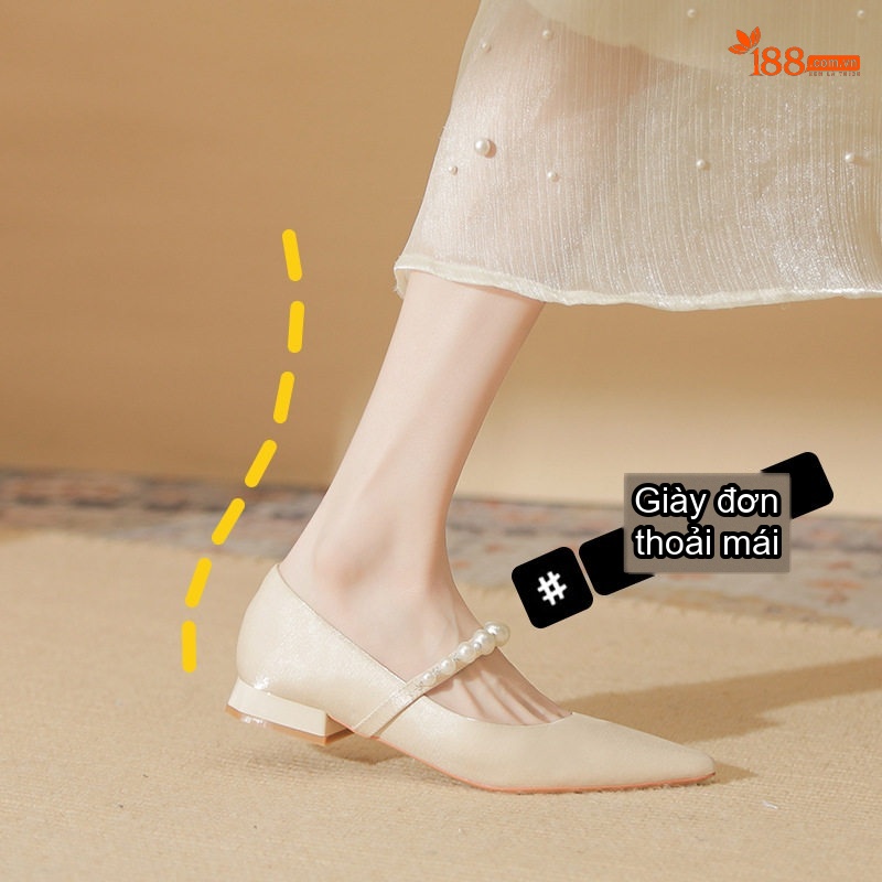 Giày Búp Bê Nữ Da Cừu Mũi Nhọn Quai Ngang Đính Ngọc Chiều Cao Đế Khoảng 3cm Màu Trắng, Đen