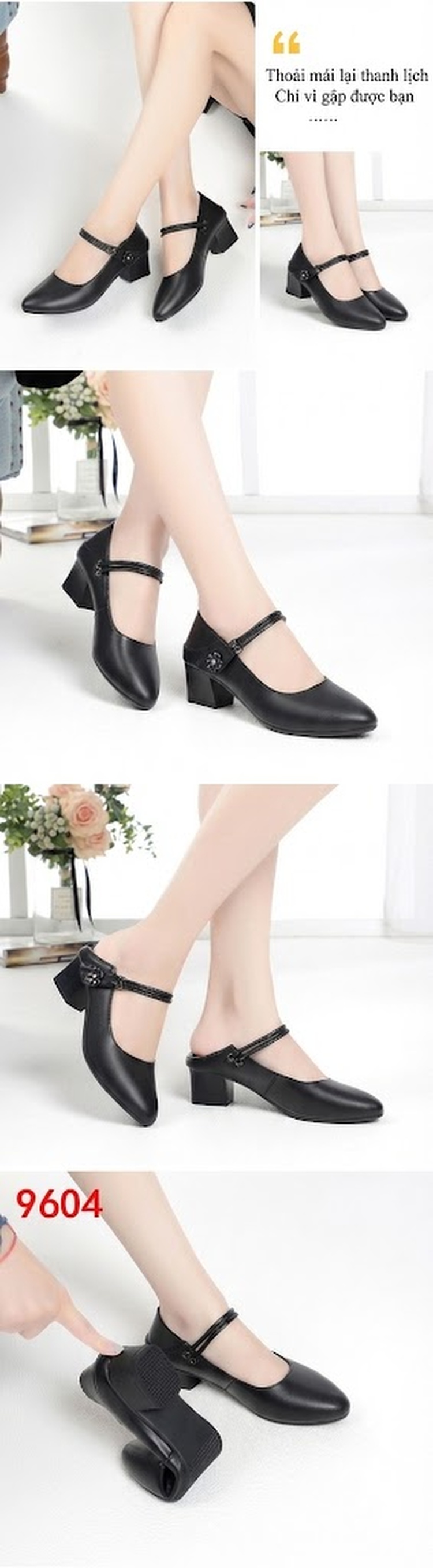 Giày Búp Bê Nữ Da Mềm Chiều Cao Đế 4cm Quai Ngang Gót Vuông Màu Đen chi tiết 4