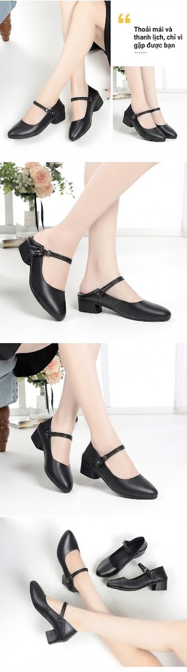 Giày Búp Bê Nữ Da Mềm Chiều Cao Đế 4cm Quai Ngang Gót Vuông Màu Đen chi tiết 5