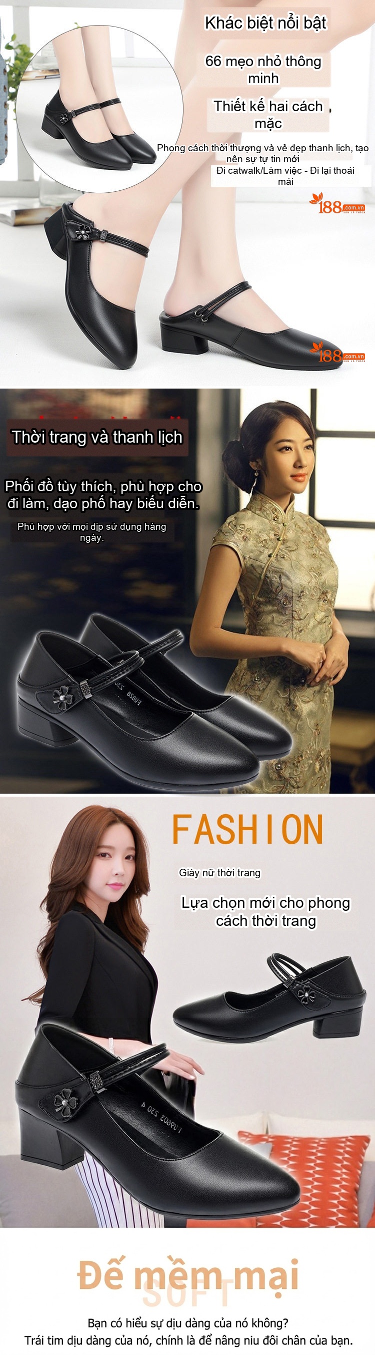 Giày Búp Bê Nữ Da Mềm Chiều Cao Đế 4cm Quai Ngang Gót Vuông Màu Đen chi tiết 1