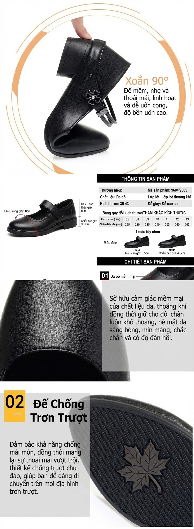 Giày Búp Bê Nữ Da Mềm Chiều Cao Đế 4cm Quai Ngang Gót Vuông Màu Đen chi tiết 2