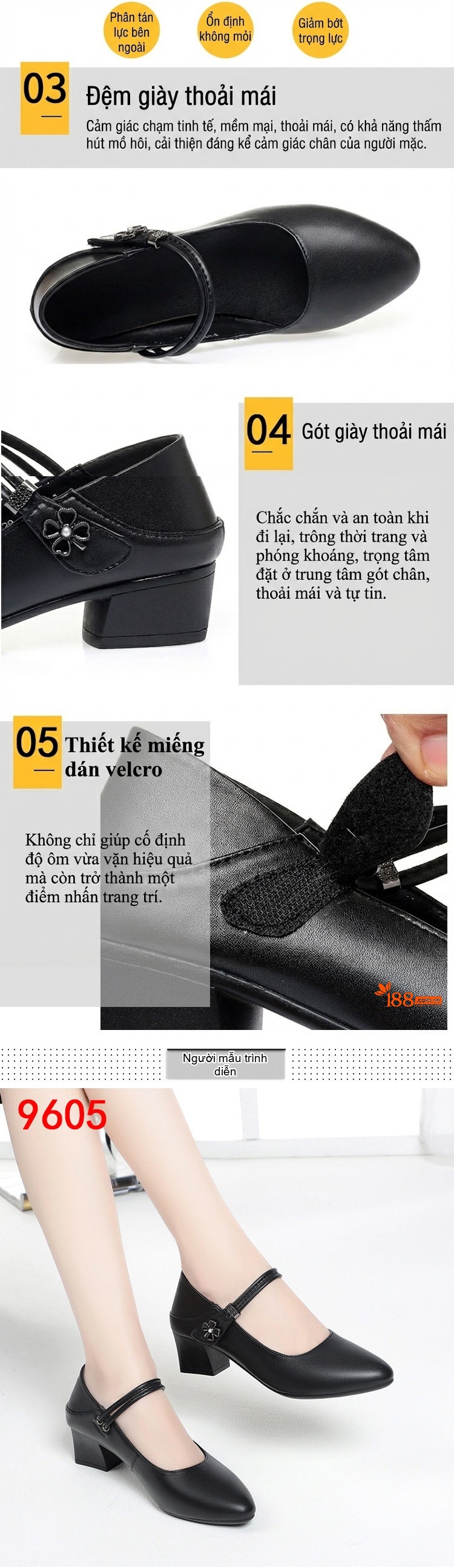 Giày Búp Bê Nữ Da Mềm Chiều Cao Đế 4cm Quai Ngang Gót Vuông Màu Đen chi tiết 3