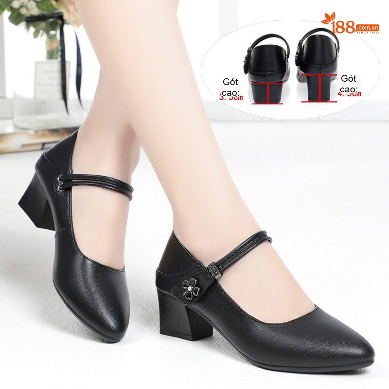 Giày Búp Bê Nữ Da Mềm Chiều Cao Đế 4cm Quai Ngang Gót Vuông Màu Đen