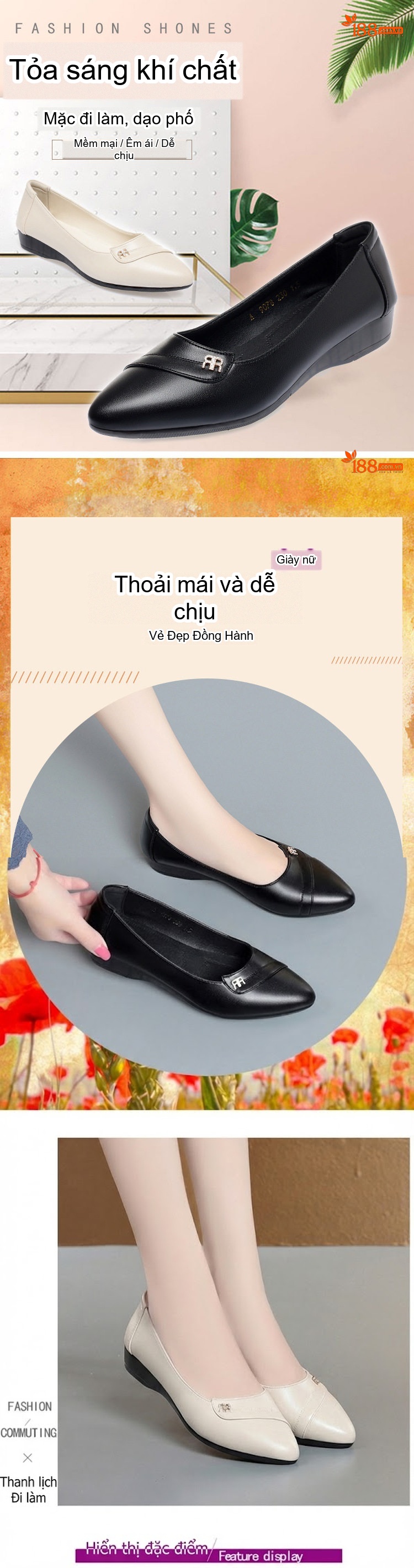 Giày Búp Bê Nữ Da Mềm Đế Mềm Chiều Cao Đế Khoảng 2cm Màu Đen, Kem chi tiết 1