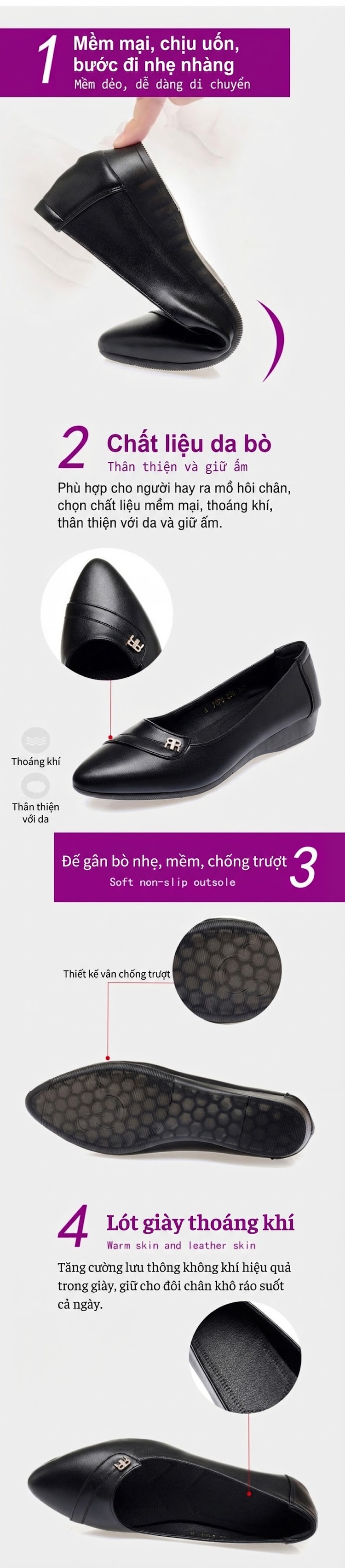 Giày Búp Bê Nữ Da Mềm Đế Mềm Chiều Cao Đế Khoảng 2cm Màu Đen, Kem chi tiết 2