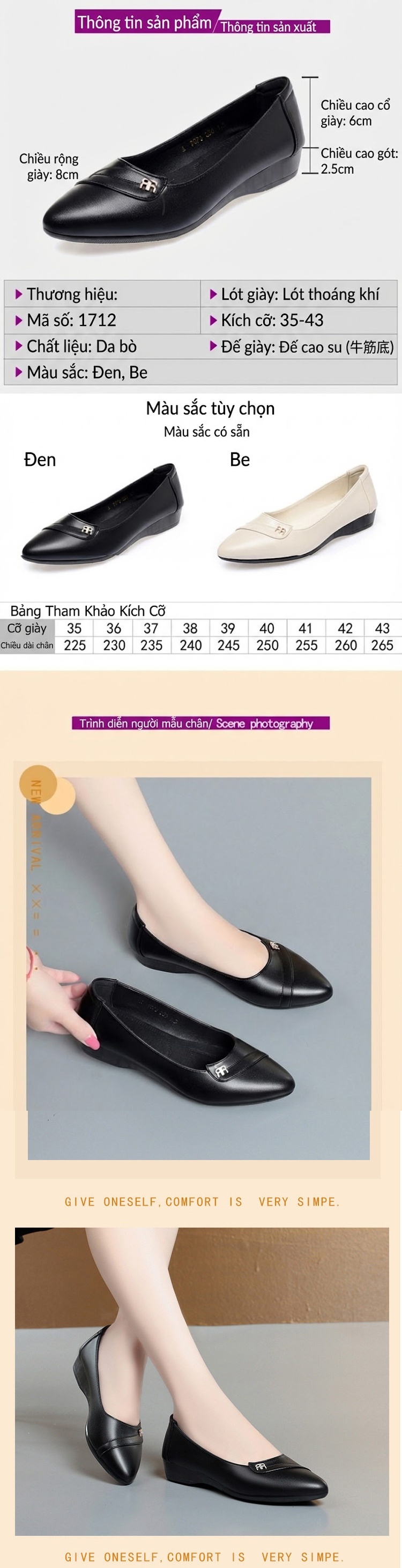 Giày Búp Bê Nữ Da Mềm Đế Mềm Chiều Cao Đế Khoảng 2cm Màu Đen, Kem chi tiết 3