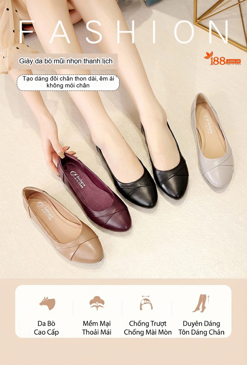 Giày Búp Bê Nữ Da Mềm Đế Mềm Thoải Mái Chiều Cao Đế Khoảng 1cm Màu Đen, Đỏ Rượu, Nude, Xám chi tiết 1