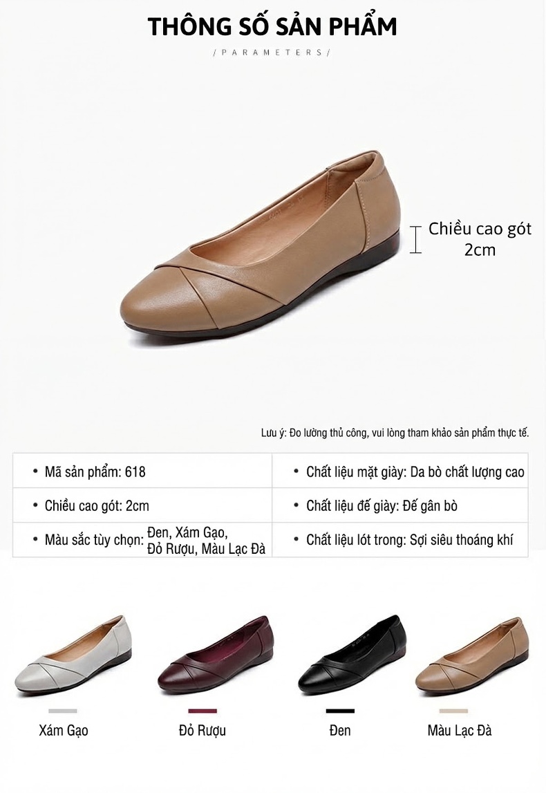 Giày Búp Bê Nữ Da Mềm Đế Mềm Thoải Mái Chiều Cao Đế Khoảng 1cm Màu Đen, Đỏ Rượu, Nude, Xám chi tiết 8
