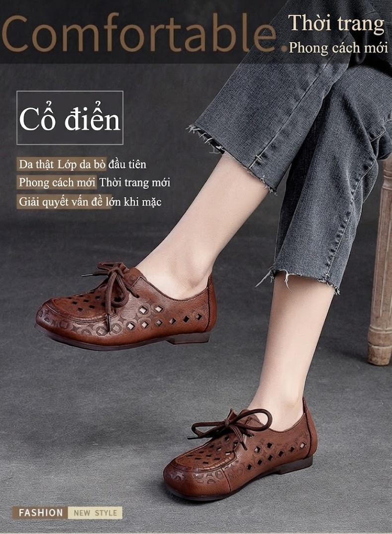 Giày Búp Bê Nữ Da Mềm Đục Lỗ Thoáng Khí Chiều Cao Đế Khoảng 1cm Màu Nâu, Kem chi tiết 1