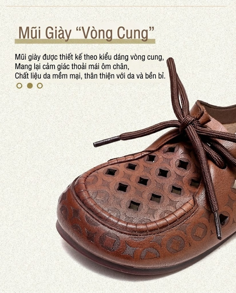 Giày Búp Bê Nữ Da Mềm Đục Lỗ Thoáng Khí Chiều Cao Đế Khoảng 1cm Màu Nâu, Kem chi tiết 3