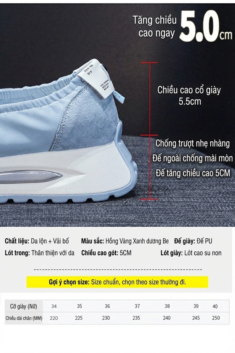 Giày Búp Bê Nữ Da Mờ Chiều Cao Đế Khoảng 4cm Kiểu Dáng Thể Thao Màu Trắng, Hồng, Vàng, Xanh Dương... chi tiết 5