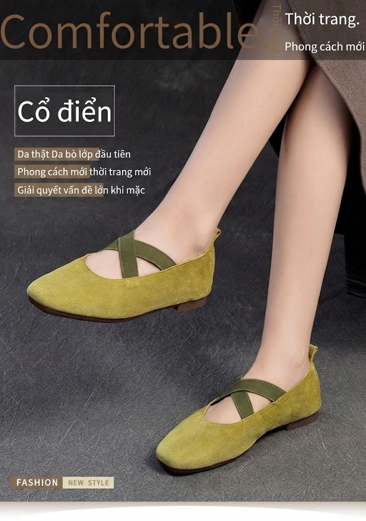 Giày Búp Bê Nữ Da Mờ Quai Chéo Chiều Cao Đế Khoảng 1cm Màu Nâu, Be, Xanh Lá chi tiết 2