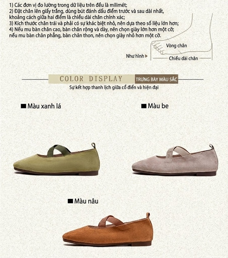 Giày Búp Bê Nữ Da Mờ Quai Chéo Chiều Cao Đế Khoảng 1cm Màu Nâu, Be, Xanh Lá chi tiết 3