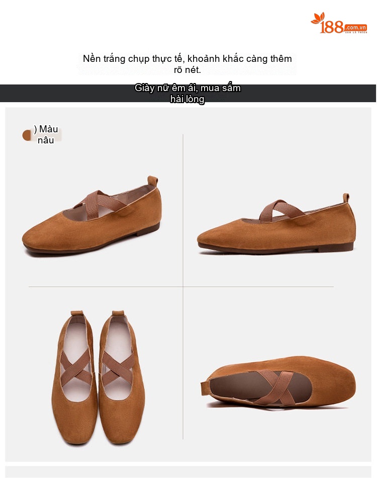 Giày Búp Bê Nữ Da Mờ Quai Chéo Chiều Cao Đế Khoảng 1cm Màu Nâu, Be, Xanh Lá chi tiết 17