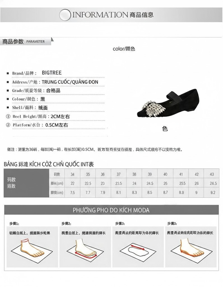 Giày Búp Bê Nữ Da Mờ Quai Chun Đính Đá Chiều Cao Đế Khoảng 2cm Màu Đen chi tiết 1