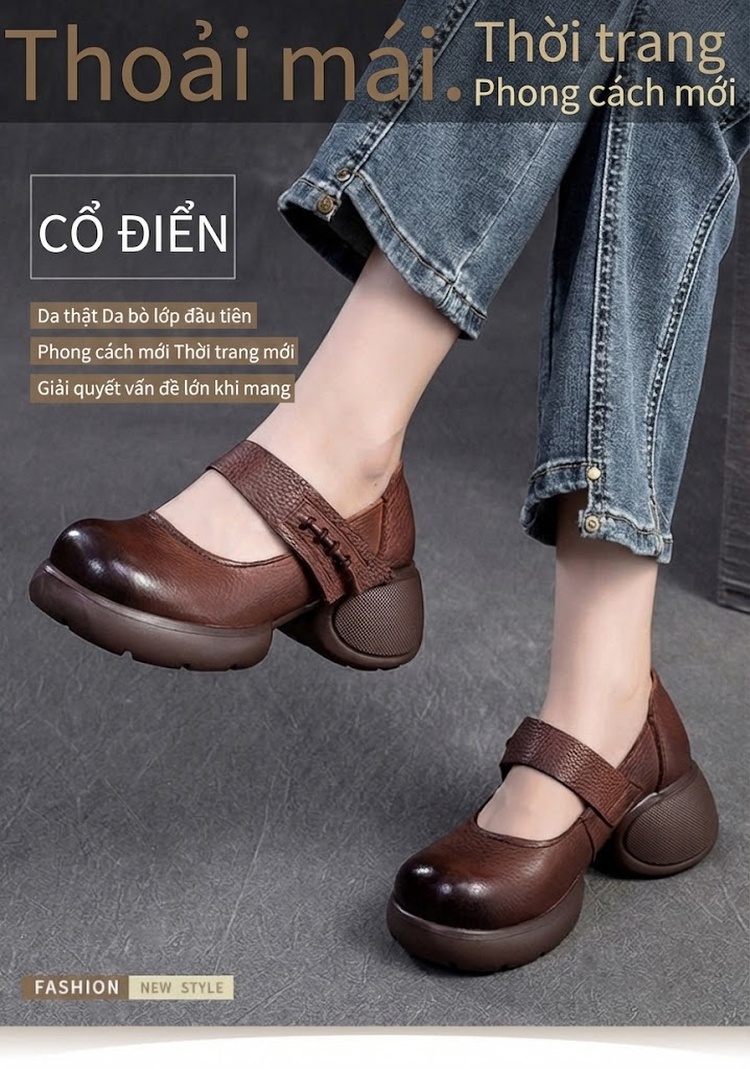 Giày Búp Bê Nữ Da Mờ Quai Dán Đế Dày Phong Cách Retro Chiều Cao Đế Khoảng 5cm Màu Đen, Nâu chi tiết 1